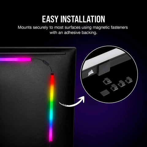 Icue LS100 LED Smart Lighting Strip Starter Kit showing easy installation with magnetic fasteners and adhesive backing