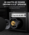 DEA 20W Electric Guitar Amp With Built In Reverb Clean And Overdrive Switch shown with 6.5 inch speaker components exposed