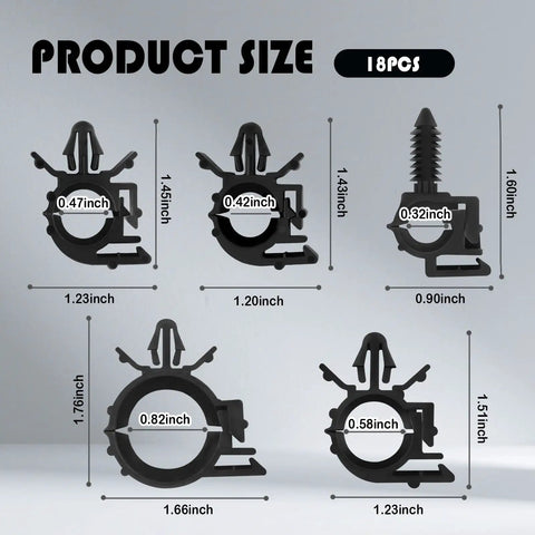Five Size Car Wire Loom Clips Kit With Push In Design dimensions illustration
