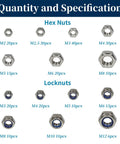 Top Shelf Hex Nuts Assortment Kit 276 Piece Metric Hardware Set In 304 Stainless Steel With Nylon Locknuts For Auto Repair showing hex and locknuts sizes.