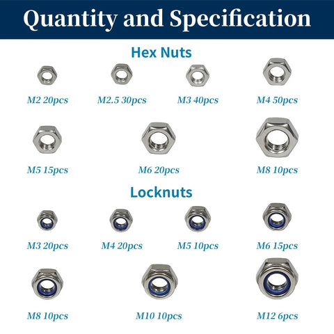 Top Shelf Hex Nuts Assortment Kit 276 Piece Metric Hardware Set In 304 Stainless Steel With Nylon Locknuts For Auto Repair showing hex and locknuts sizes.