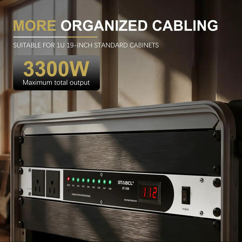 Heavy Duty Ten Socket Power Conditioner And Surge Sequencer Delivers A Rock Solid 3300 Watts And 30 Amps Of Clean Juice Through Rack Mount Housing displaying organized cabling and voltage output.