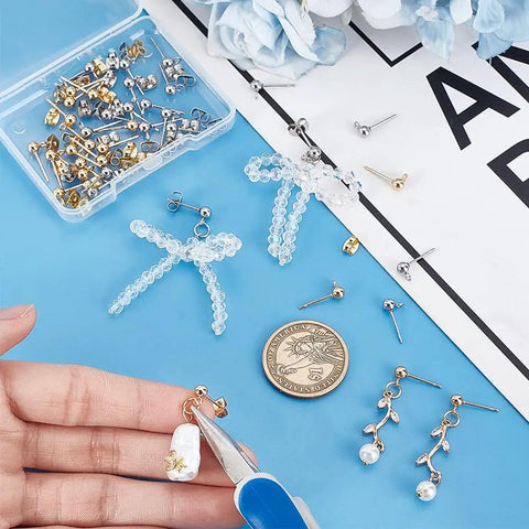 304 Stainless Steel Earring Posts 20 Pairs Flat Back Stud Posts With Loop Ball Ear Pins And Butterfly Backs For DIY Jewelry Making Size About 16Mm Long 7Mm Wide 2Mm Hole, assorted studs