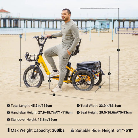 Beast Of A Ride Folding Three Wheel Electric Trike For Adults With Peak 1400W 90 Mile Range 20Ah 48V Battery UL2849 Certified Step Through Frame Differential Parking Brake Red Easy Fold, yellow electric trike on beach