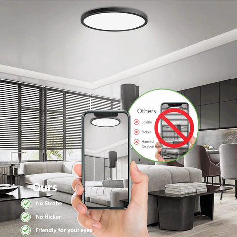 Living room with 4 Pack 12 Inch LED Flush Mount Ceiling Light 28W 5000K Daylight 3200 Lumens Low Profile Black Round Ceiling Fixture.