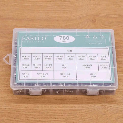 780 Piece Stainless Steel Sheet Metal Screws Assortment Kit Pan Head Self Tapping Screws In Sizes 4 6 8 10 plastic case
