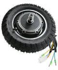 No Sweat 10 Inch 48V 350W Brushless Hub Motor Wheel Packed With Rugged Off Road Tire Pre Assembled Disc Brake For Electric Scooters Dirt Pit Bikes. Close-up view showing rugged tire and motor wiring.