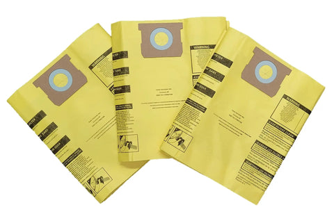Three yellow Shop Vac 9067200 Type I Type F High Efficiency 10-14 Gallon Disposable Collection Bag