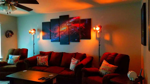 Vintage Industrial Black Gooseneck Tripod Floor Lamp Set Of 2 Adjustable Height 68 to 180cm in a cozy living room setting