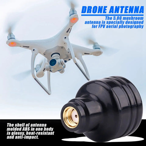 High Gain 5.8GHz RHCP FPV Mushroom Antenna for Drones, Black ABS Shell, shown with a quadcopter in flight, 5dBi Boost