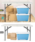 Before and after using Table Leg Extenders For Folding Tables Adjustable Metal Risers For Bent And Straight Legs 4 Pack Raises Height