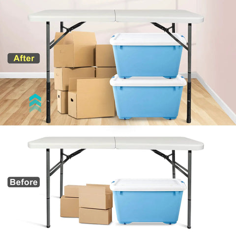 Before and after using Table Leg Extenders For Folding Tables Adjustable Metal Risers For Bent And Straight Legs 4 Pack Raises Height