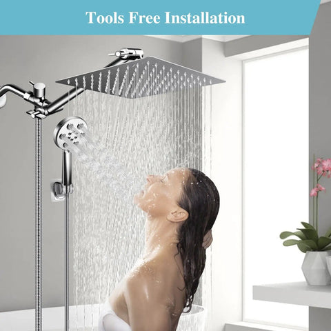 Woman enjoying shower under Bangin High Pressure Rain Shower Head With Handheld Kit 10 Inch Stainless Steel Rain Head