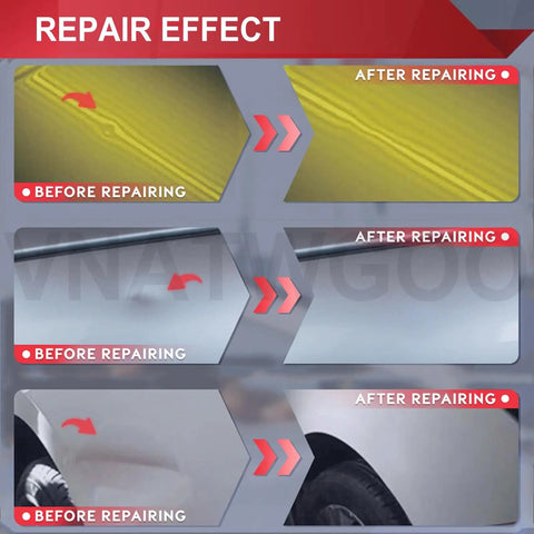 Before and after repair effect using Heavy Duty Auto Dent Repair Kit With 1380W Beast Induction Heater For Steel Surfaces.