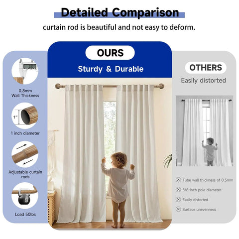 Heavy Duty Adjustable Curtain Rod Set With One Inch Diameter Wood Grain Pattern Blackout Wrap Around For Indoor And Outdoor Use 32 To 84 Inches Adjustable Length All Metal Construction For Strength And Thick Drapes comparison