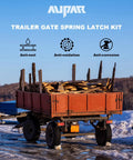 Trailer with heavy duty steel gate and anti-rust spring latch kit loaded with logs against sky backdrop