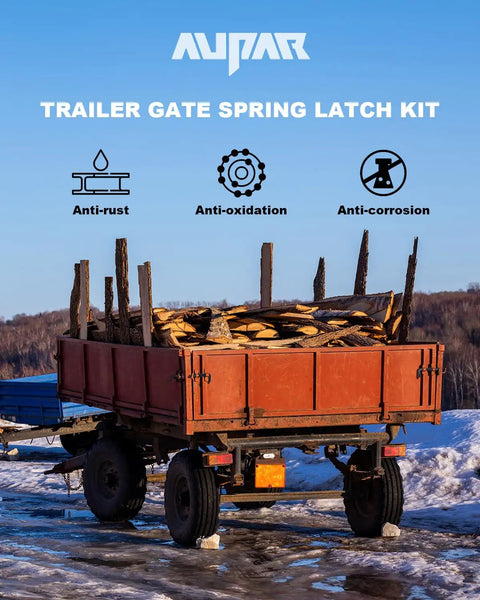 Trailer with heavy duty steel gate and anti-rust spring latch kit loaded with logs against sky backdrop