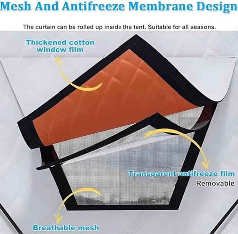 Interior design of Portable Hexagon Ice Fishing Shanty Tent With Integrated Stove Jack showing mesh and antifreeze membrane.