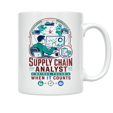 Supply Chain Analyst Mug Focus When IT Counts 11 Oz Ceramic Coffee Cup For Desk Or Home Office white mug with supply chain graphic