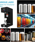 Top Notch Electric Can Sealer Machine With Smart LCD Display And Adjustable Height For Perfectly Sealing Beverages Like Juice, Bubble Tea, And Beer Using Durable Stainless Steel Build In Sleek White And Black Finish and cans.