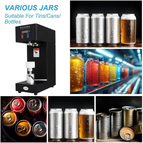 Top Notch Electric Can Sealer Machine With Smart LCD Display And Adjustable Height For Perfectly Sealing Beverages Like Juice, Bubble Tea, And Beer Using Durable Stainless Steel Build In Sleek White And Black Finish and cans.