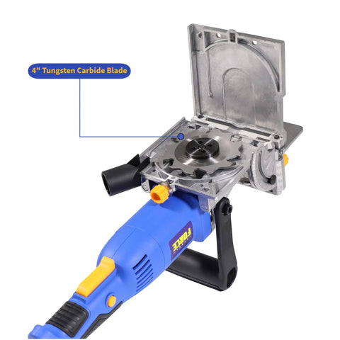 No Sweat Lightweight Electric Biscuit Jointer 760W showing 4-inch tungsten carbide blade and adjustable setup features.