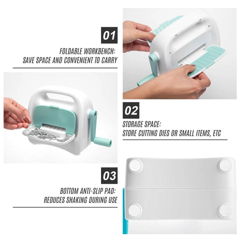 Portable Mini Die Cutting Machine With 3 Inch Opening, Foldable Manual Embossing Kit for Kids showing foldable workbench and storage