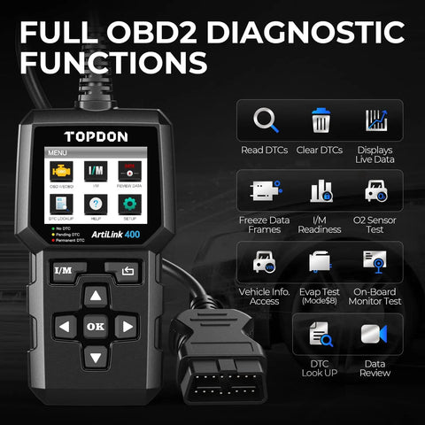 AL400 OBD2 Scanner For Cars And Light Trucks, Full OBDII Code Reader With DTC Lookup displayed with diagnostic functions
