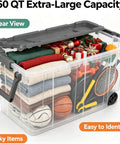High Capacity Wheeled Storage Bins Featuring Smooth Glide Casters And Heavy Duty Stack Design Clear Plastic Rolling Containers with 160 QT of bulky items.