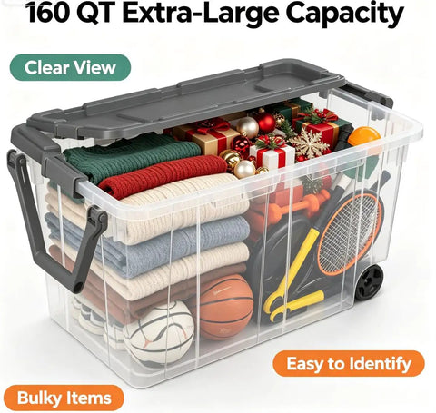 High Capacity Wheeled Storage Bins Featuring Smooth Glide Casters And Heavy Duty Stack Design Clear Plastic Rolling Containers with 160 QT of bulky items.