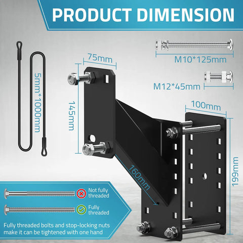 Universal Spare Tire Mount With Anti Theft Rope for Utility Trailers and Boats, dimensions and components displayed