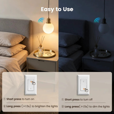 Dimmer Switch Kit With Remote For Two Hundred Watt Incandescent And One Hundred Fifty Watt LED Lighting No Fuss Remote Dimmer With Memory Function Flicker Free Easy Use For Seniors And Mobility Friendly Home wall switch shown in bedroom
