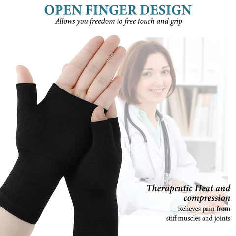 Four Pack Palm Brace Wrist Support Sleeves For Men And Women, black, open finger design, worn on hands against a medical themed backdrop