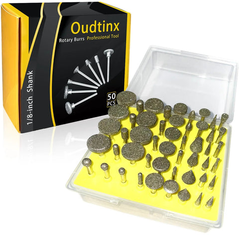 Oudtinx 50-piece diamond-coated grinding burrs set for Dremel rotary tool; assorted shapes in yellow plastic case.