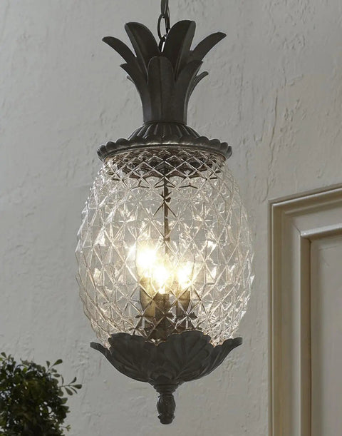 Lanai Collection 3 Light Outdoor Hanging Lantern In Black Coral Finish with pineapple-cut glass and leaf motifs