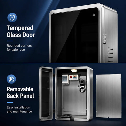 Lockable Outdoor EV Charger Box Wall Mount Enclosure With Smart Temp Control Auto Cooling Fan, featuring tempered glass door and removable back panel.