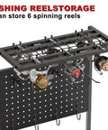 Fishing Rod Holder Rack With Wheels For Garage Storage And Organization, 3 Shelves To Stow Tackle Boxes, Reels, Bags And Gear, Black Heavy Duty Tackle Gear Organizer featuring a pegboard with reel storage