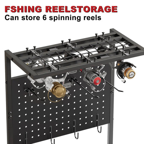 Fishing Rod Holder Rack With Wheels For Garage Storage And Organization, 3 Shelves To Stow Tackle Boxes, Reels, Bags And Gear, Black Heavy Duty Tackle Gear Organizer featuring a pegboard with reel storage