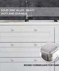 Solid Zinc Alloy 10 Pack Brushed Nickel Kitchen Cabinet Knobs displayed on white cabinets with round corners for safe family use.