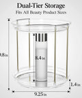 Two Tier Clear Rotating Vanity Organizer With Smooth 360 Degree Spin For Skincare And Perfume Beauty Essentials Storage dimensions 9.25in x 9.8in x 8.4in