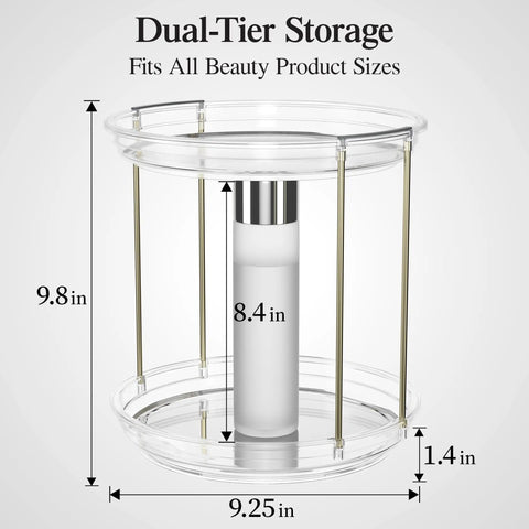 Two Tier Clear Rotating Vanity Organizer With Smooth 360 Degree Spin For Skincare And Perfume Beauty Essentials Storage dimensions 9.25in x 9.8in x 8.4in