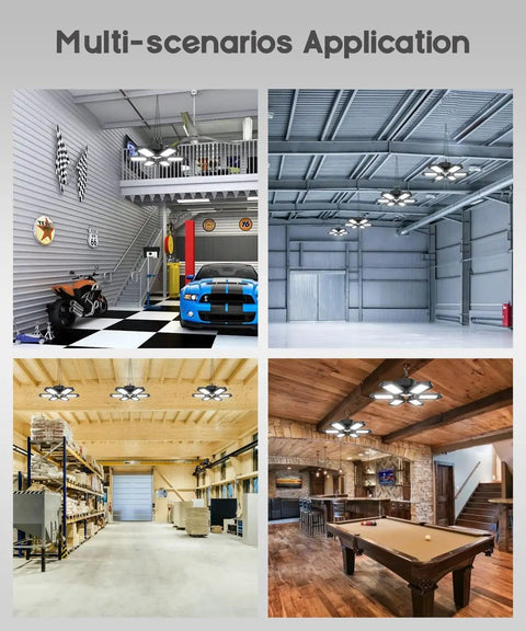 Ultra Bright Linkable Garage Light Kit 200W 20000LM 6500K LED Shop Light shown installed in various garages and rooms