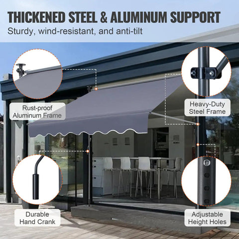 Manual Retractable Patio Awning 78 Inch Wide Sun Shade Curtain For Backyard Garden And Balcony Outdoor Canopy With Privacy Curtain Waterproof PU Coated Fabric UV 80 Plus Protection Dark Gray showing aluminum and steel support details.