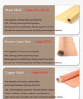 Image showing brass, phosphor, and pure copper mesh options with specifications on copper content and uses for EMI shielding.