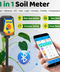 8 In 1 Smart Soil Meter For Moisture PH Light Humidity Fertility EC Salinity And Temperature With Handy App Monitor For Indoor Outdoor Plants Garden Lawn Farm shown with mobile app display.
