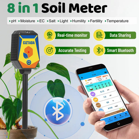 8 In 1 Smart Soil Meter For Moisture PH Light Humidity Fertility EC Salinity And Temperature With Handy App Monitor For Indoor Outdoor Plants Garden Lawn Farm shown with mobile app display.