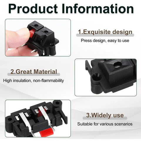 Two Way Spring Terminal Clip Push Release Connector Plate Jack Socket For Speaker Terminal Strip Block Jointing Clamp Test Clip 2Pcs Red Black Color Coding For DIY Audio Upgrades And Speaker Rigs shown with design features highlighted