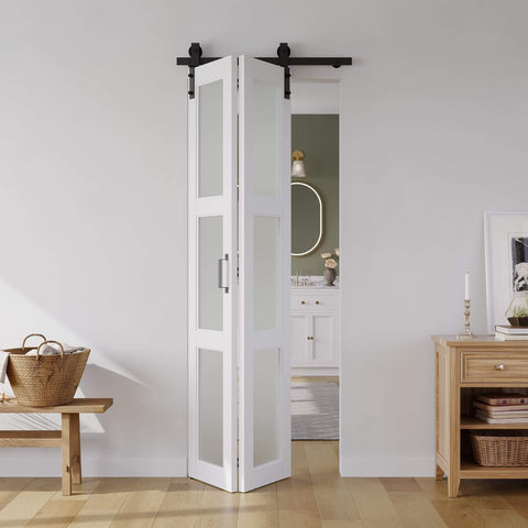 Space Saving Bifold Barn Door 28 Inch by 84 Inch Frosted Glass With Hardware Kit Included White PVC Surface Installed in Living Room