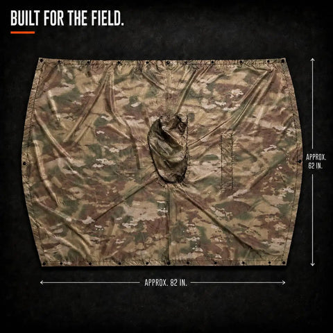 Military Style Tactical Ripstop Camo Rain Poncho for Outdoor Survival And Adventure Gear spread flat showing dimensions.