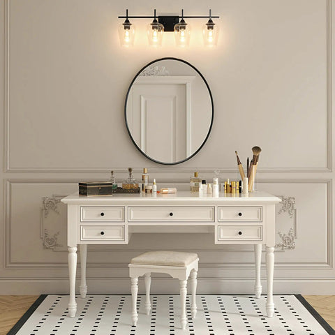 4 Light Vanity Light Fixture With Clear Glass Shades Black Finish Modern Industrial Style Over Mirror Wall Lamp Ideal For Bathroom Bedroom Hallway LED Compatible Dimmable And Energy Efficient